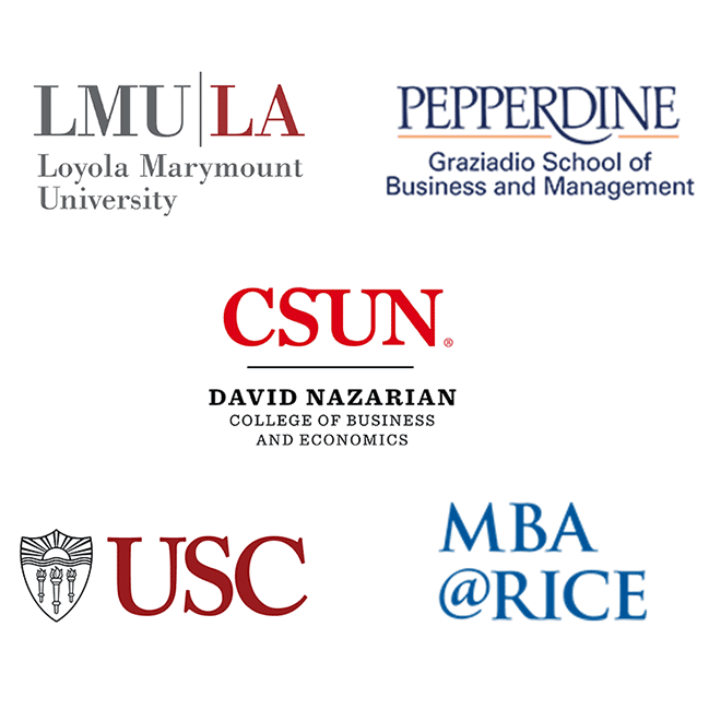 Collection of logos including LMU|LA, Pepperdine, CSUM, USC, MBA RICE